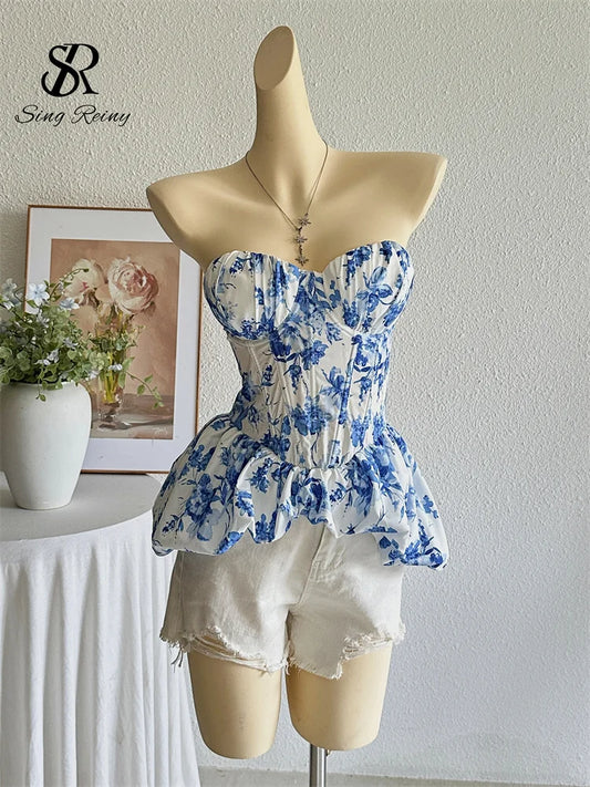 SINGREINY Strapless Floral Corset Top Summer Lace Up Backless Slim Office Lady Ins Tank Top Female French Hotsweet Holiday Camis