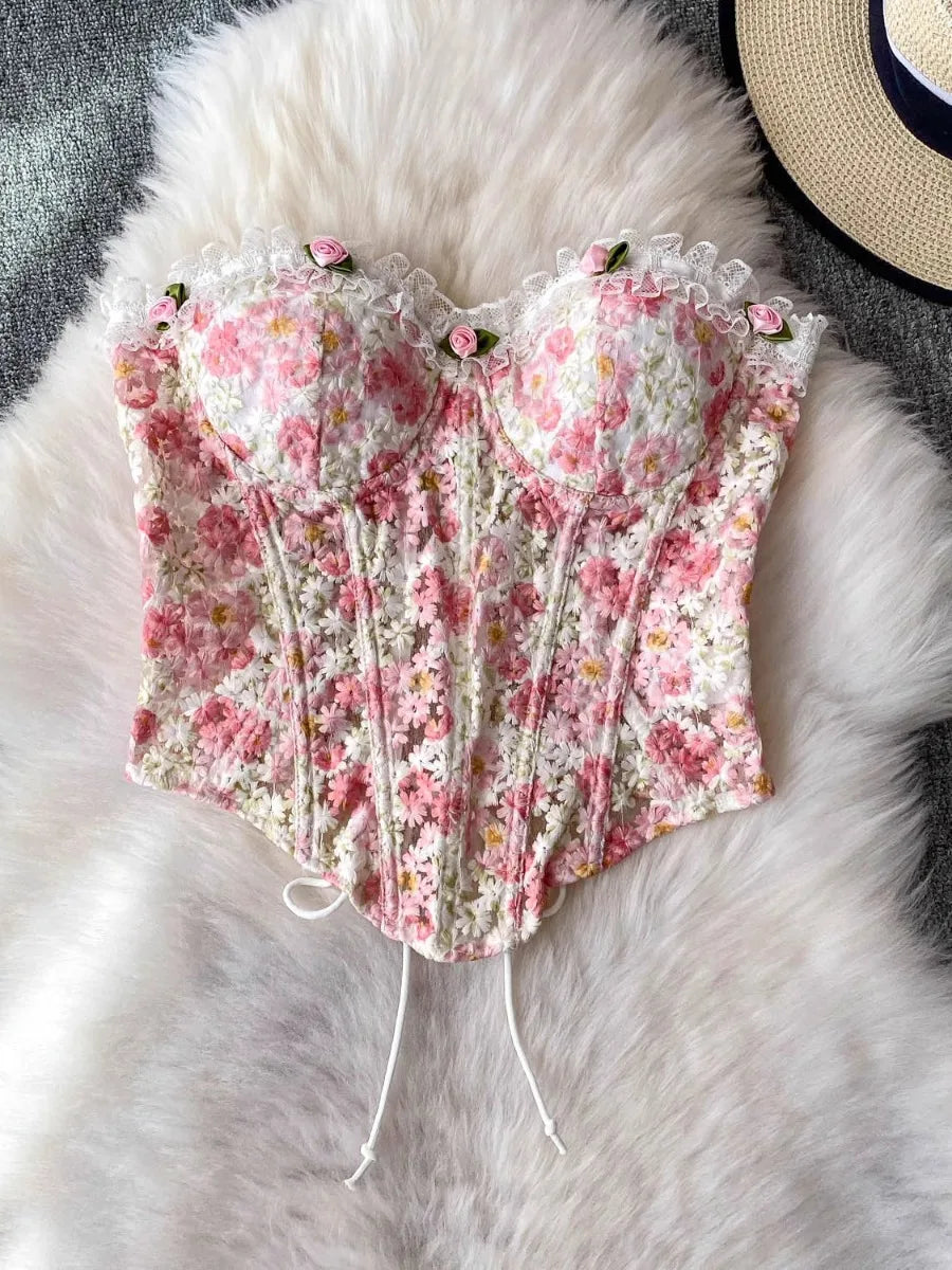 Foamlina Romantic Sweet Lace Embroidered Floral Corset Cami Tanks Women Summer Sexy Fishbone Slim Fit Crop Top Vest