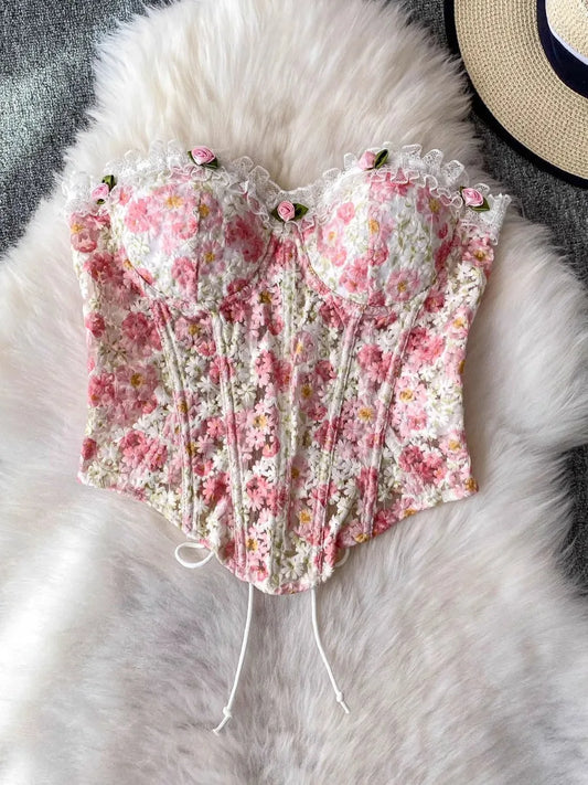 Foamlina Romantic Sweet Lace Embroidered Floral Corset Cami Tanks Women Summer Sexy Fishbone Slim Fit Crop Top Vest