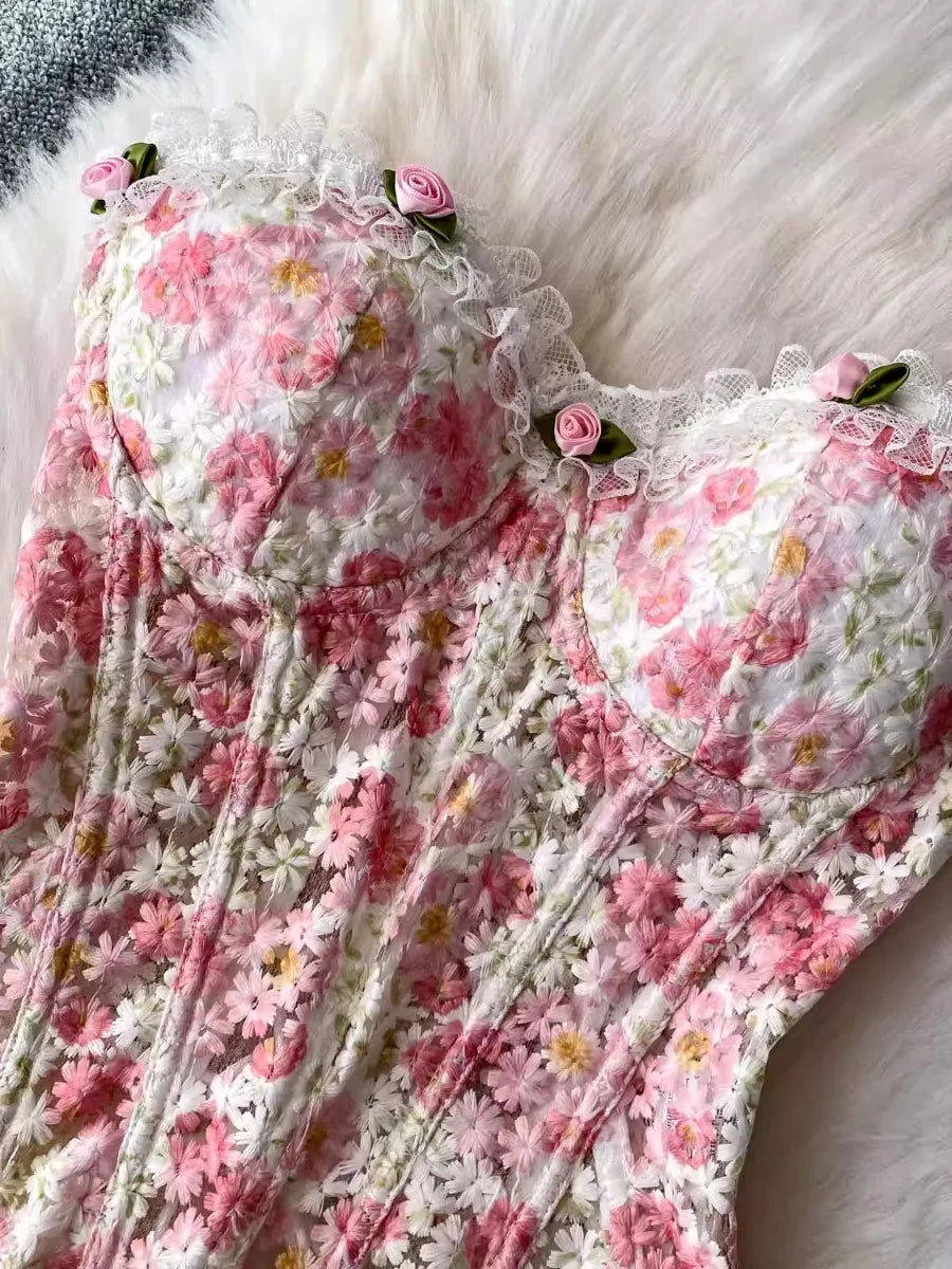 Foamlina Romantic Sweet Lace Embroidered Floral Corset Cami Tanks Women Summer Sexy Fishbone Slim Fit Crop Top Vest