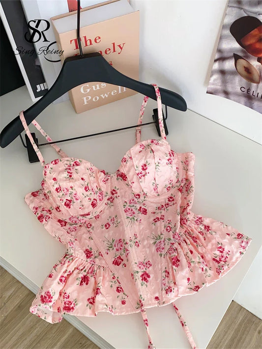 SINGREINY French Corset Print Beach Tank Top Female Strap Irregular Slim Hotsweet Camis Streetwear Vacation Bohe Sexy MIni Top