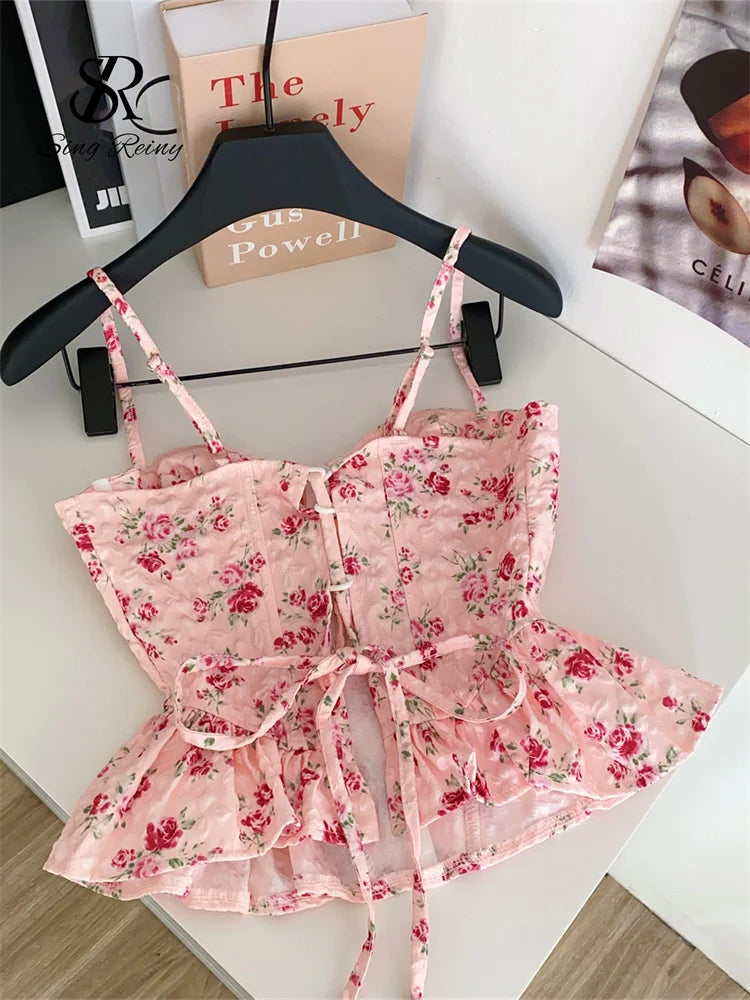 SINGREINY French Corset Print Beach Tank Top Female Strap Irregular Slim Hotsweet Camis Streetwear Vacation Bohe Sexy MIni Top