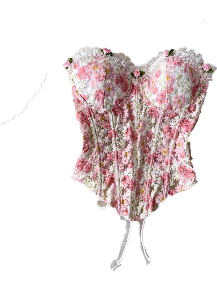 Foamlina Romantic Sweet Lace Embroidered Floral Corset Cami Tanks Women Summer Sexy Fishbone Slim Fit Crop Top Vest