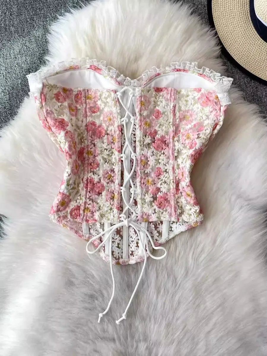 Foamlina Romantic Sweet Lace Embroidered Floral Corset Cami Tanks Women Summer Sexy Fishbone Slim Fit Crop Top Vest