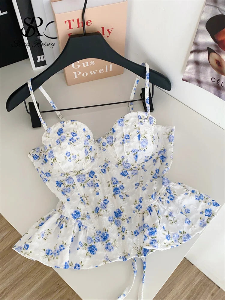 SINGREINY French Corset Print Beach Tank Top Female Strap Irregular Slim Hotsweet Camis Streetwear Vacation Bohe Sexy MIni Top