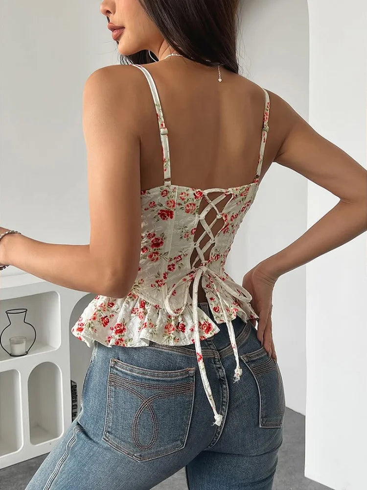 Sexy Floral Print Women's Corset Top Lady Chic Spaghetti Strap Backless Slim Vest 2026 New Summer Fashion Party High Street Tops