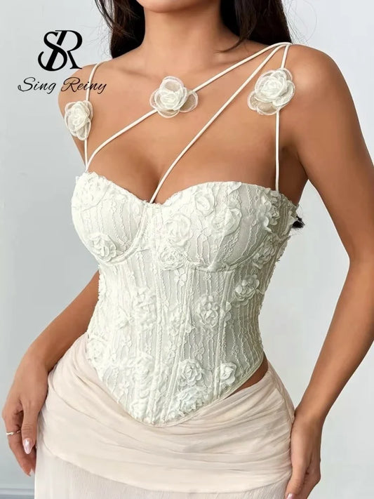 SINGREINY 3D Floral Jacquard Beach Party Tank Top Fashion Women Corset Embroidery Camisole French Hot Girl Vacation Y2K Slim Top