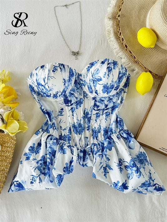 SINGREINY Strapless Floral Corset Top Summer Lace Up Backless Slim Office Lady Ins Tank Top Female French Hotsweet Holiday Camis