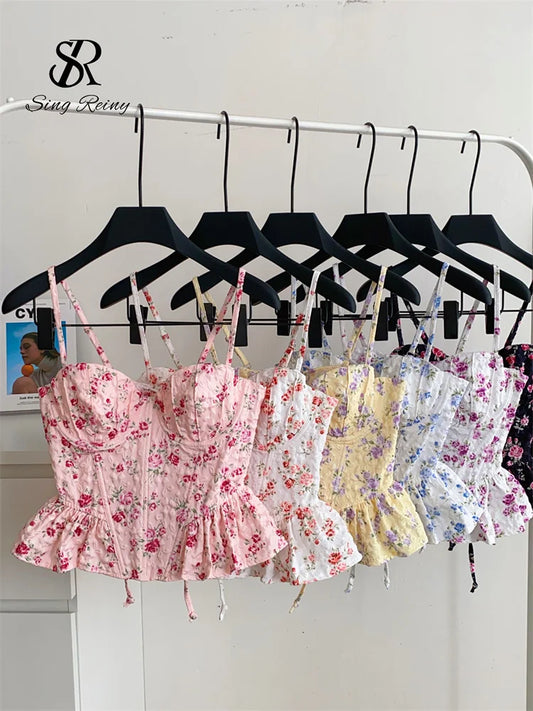 SINGREINY French Corset Print Beach Tank Top Female Strap Irregular Slim Hotsweet Camis Streetwear Vacation Bohe Sexy MIni Top