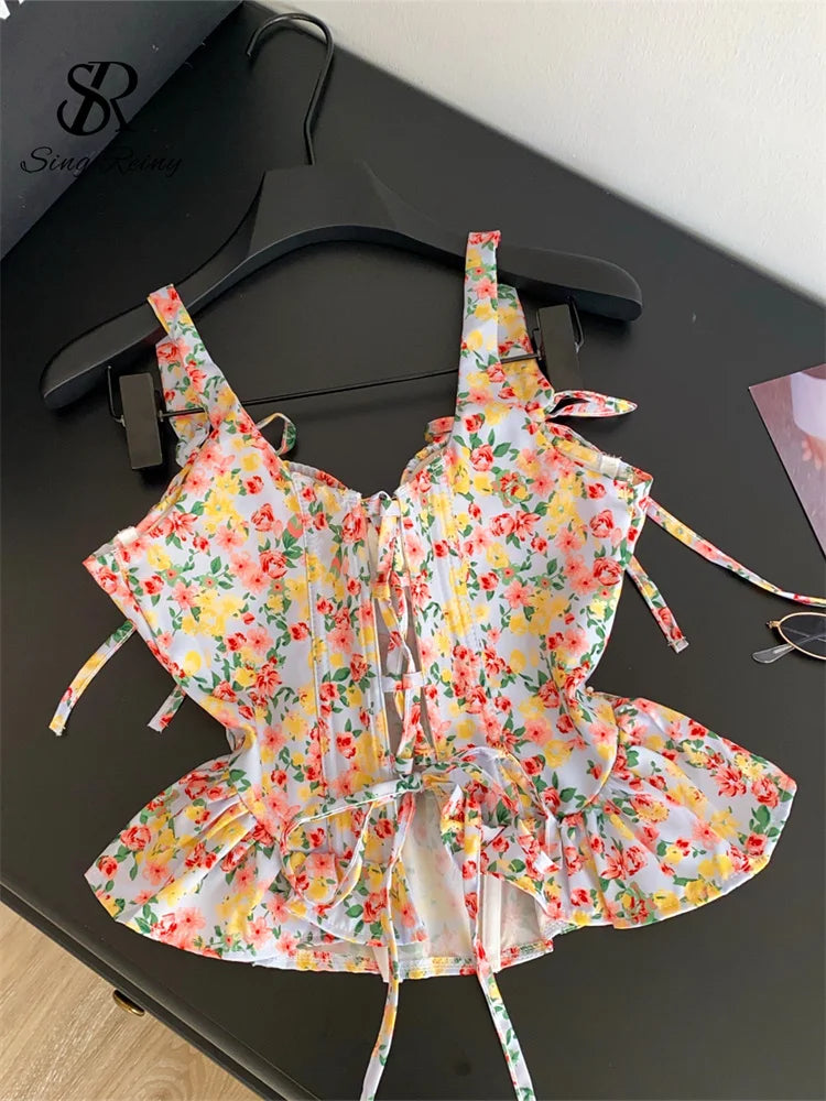 SINGREINY Summer Hotsweet Floral Camis 2026 Female High Waist Slim Lace Up Corset Tops Korean Versatile Casual Holiday Tank Top