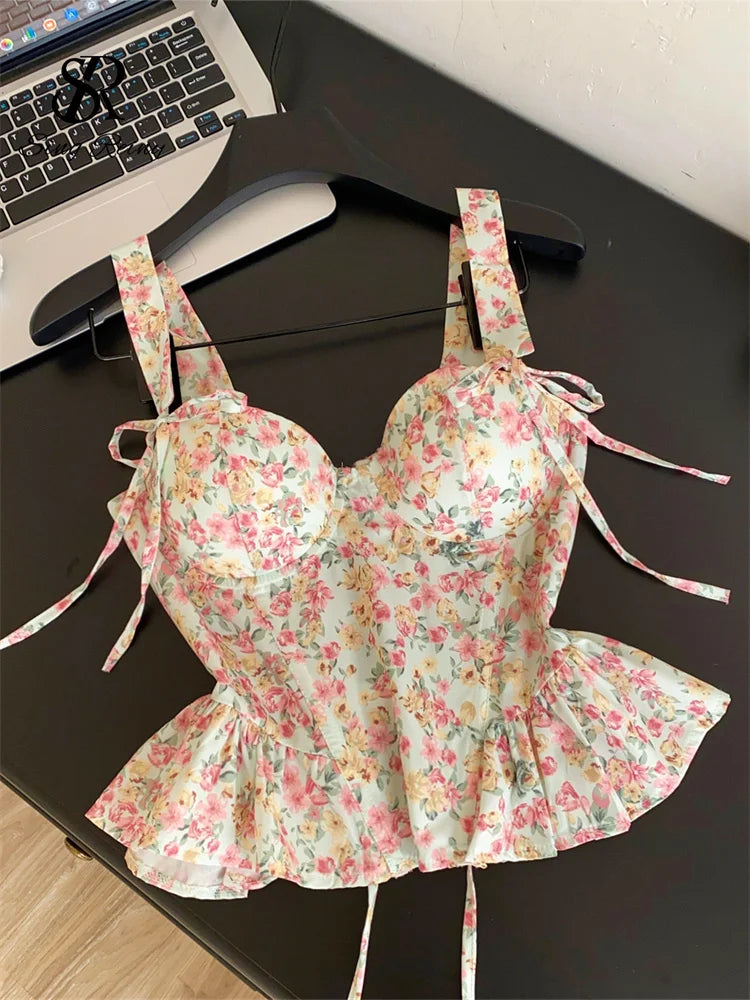 SINGREINY Summer Hotsweet Floral Camis 2026 Female High Waist Slim Lace Up Corset Tops Korean Versatile Casual Holiday Tank Top