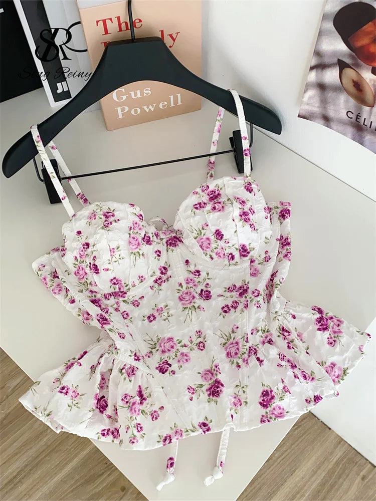 SINGREINY French Corset Print Beach Tank Top Female Strap Irregular Slim Hotsweet Camis Streetwear Vacation Bohe Sexy MIni Top