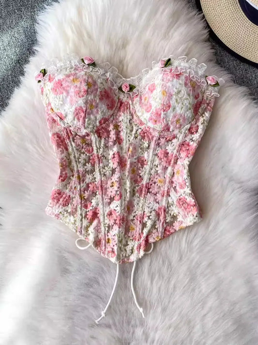 Foamlina Romantic Sweet Lace Embroidered Floral Corset Cami Tanks Women Summer Sexy Fishbone Slim Fit Crop Top Vest