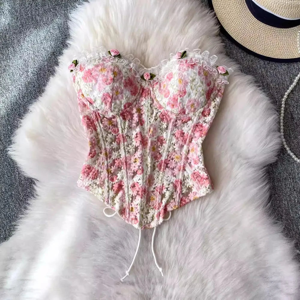 Foamlina Romantic Sweet Lace Embroidered Floral Corset Cami Tanks Women Summer Sexy Fishbone Slim Fit Crop Top Vest