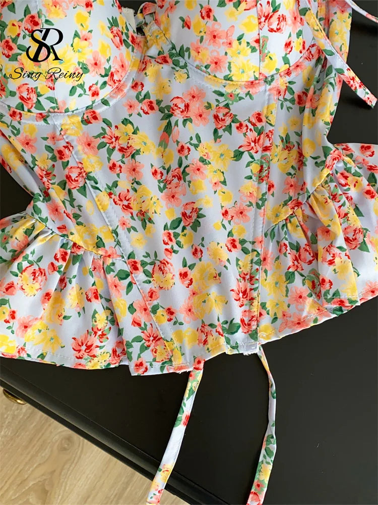SINGREINY Summer Hotsweet Floral Camis 2026 Female High Waist Slim Lace Up Corset Tops Korean Versatile Casual Holiday Tank Top